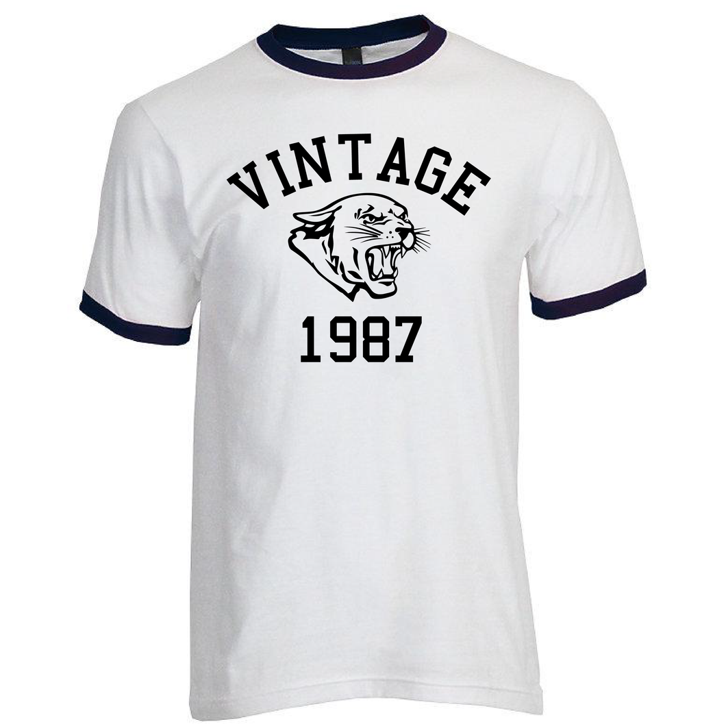 Vintage 1987 Cougars Cougar Head Jersey Style Short Sleeve Navy Ringer Cotton T-Shirt