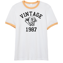 Load image into Gallery viewer, Vintage 1987 Cougars Cougar Head Jersey Style Short Sleeve Yellow Ringer Cotton T-Shirt
