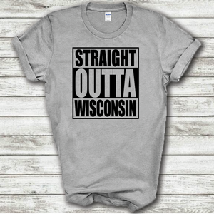 Straight Outta Wisconsin Funny Hometown Locals Only Straight Outta Compton Parody Grey Cotton T-Shirt